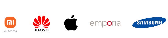 Xiaomi, Huawei, Apple, Emporia und Samsung Logos